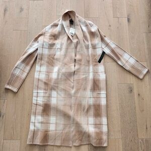 Tahari Cream and Tan Plaid Open-Front Coatigan